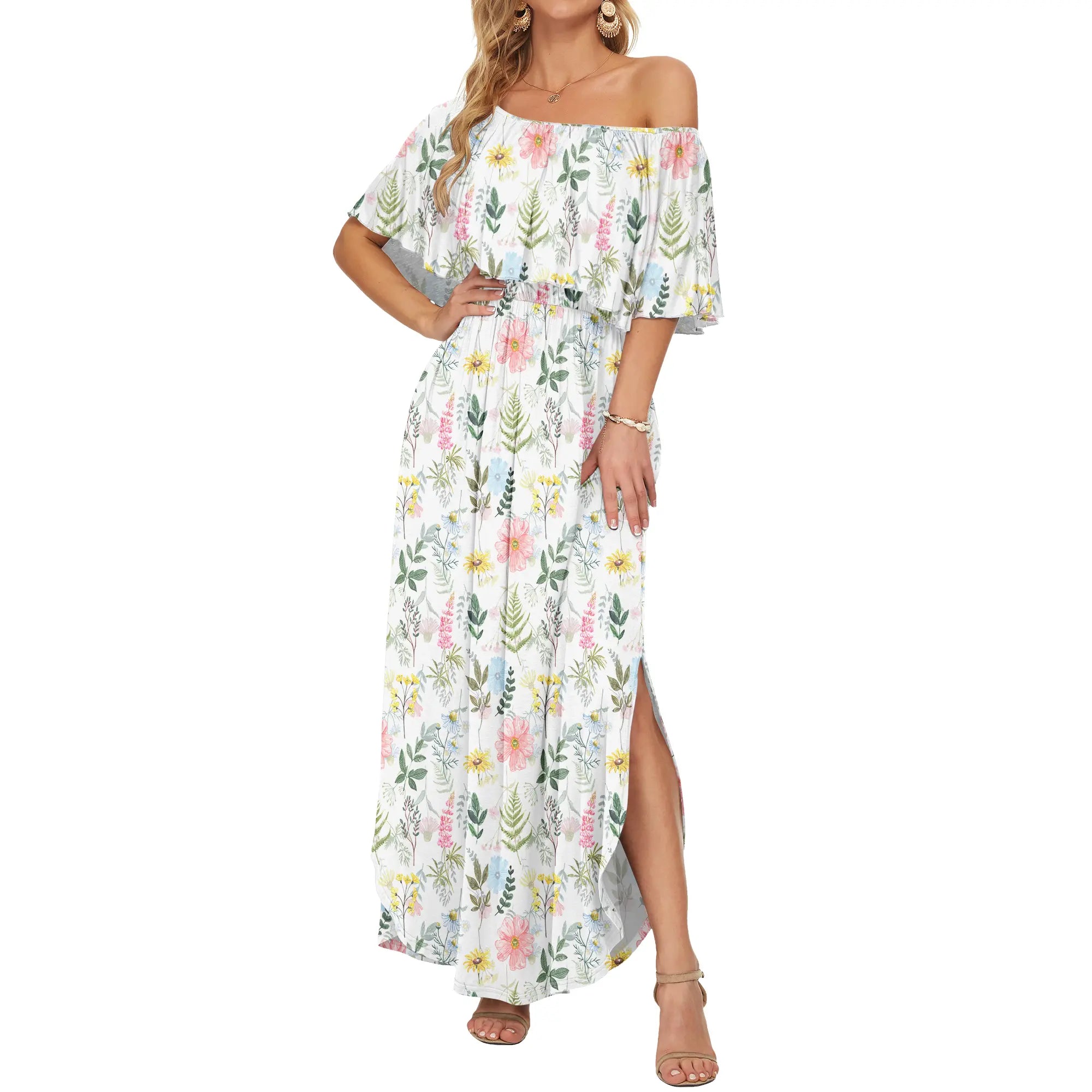Plus Size Off-Shoulder Dress | Summer Casual | Long Ruffle | Side Split | Beach Maxi | With Pockets | Wedding Guest