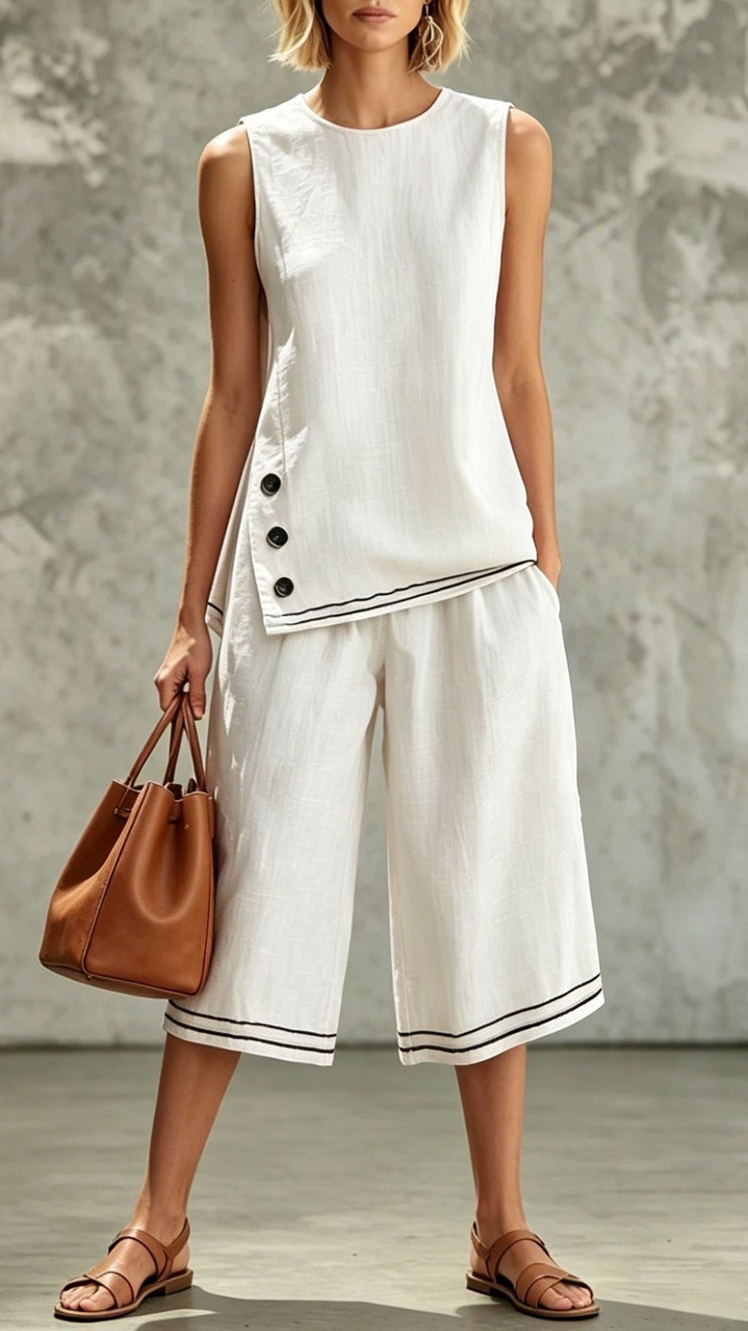 Women’s Sleeveless Side-Slit Vest & Wide-Leg Cropped Pants — Cotton-Linen Two-Piece Set