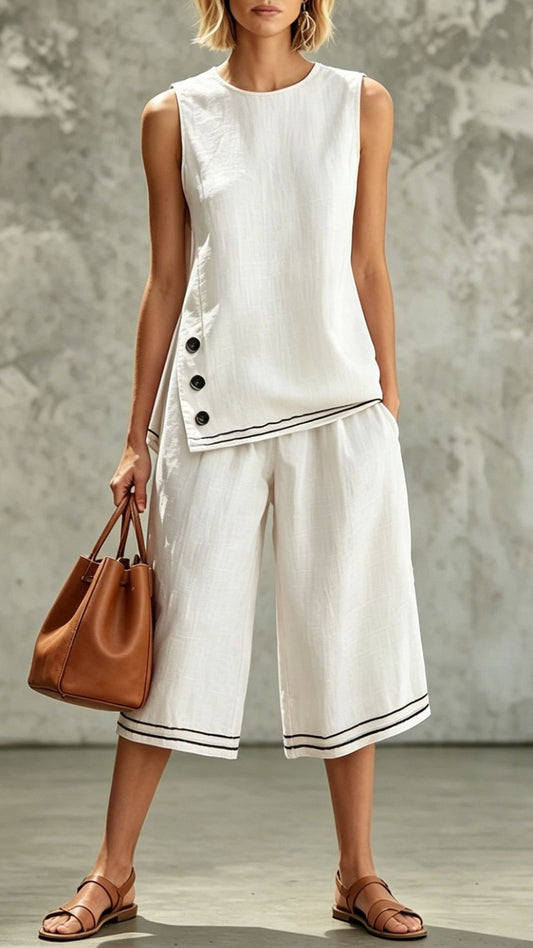 Women’s Sleeveless Side-Slit Vest & Wide-Leg Cropped Pants — Cotton-Linen Two-Piece Set