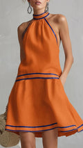 Women’s Elegant Color-Block Piped Cotton-Linen Halter Sleeveless Mini Dress