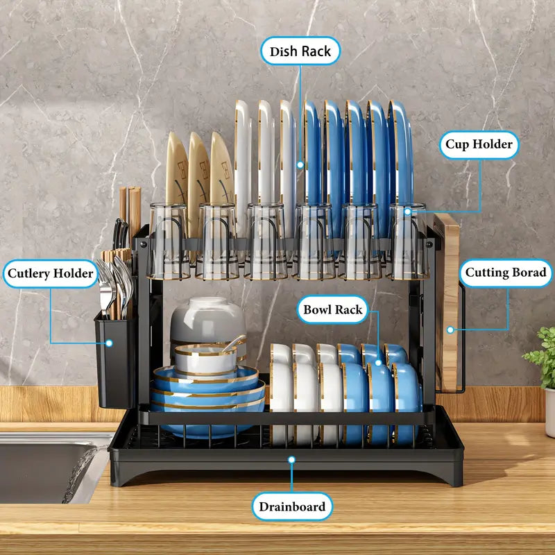 Double-Layer Kitchen Countertop Drain Rack, Metal Material, with Drain Board, Can Hold Tableware, Carbon Steel Material, Kitchen Storage Rack