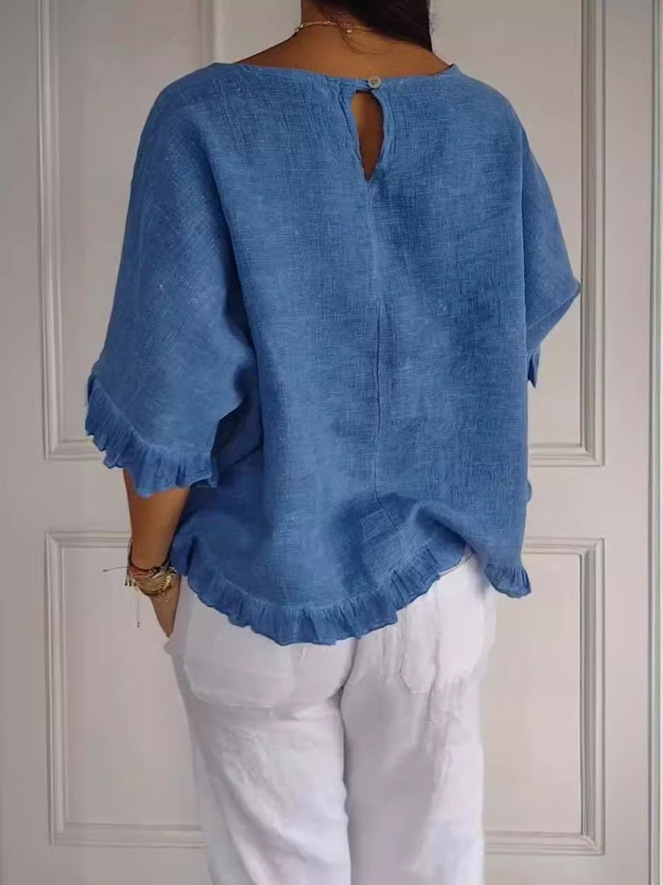 🔥Clearance Sale🔥 Women’s Round Neck Ruffled Cotton And Linen Top