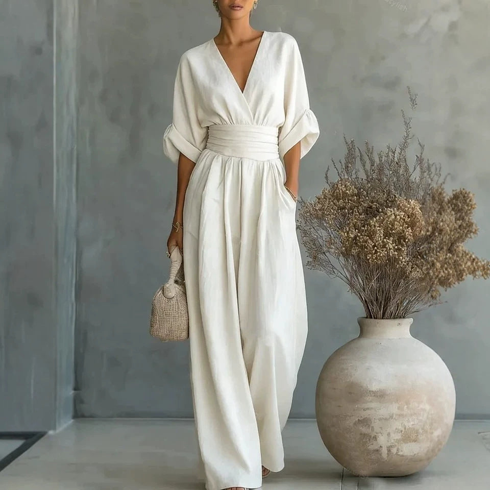 Women’s Solid-Color V-Neck Jumpsuit
