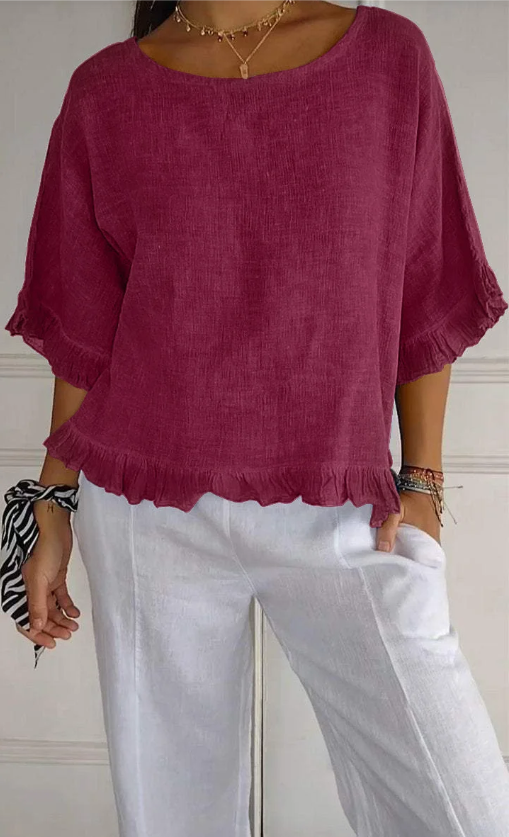 🔥Clearance Sale🔥 Women’s Round Neck Ruffled Cotton And Linen Top