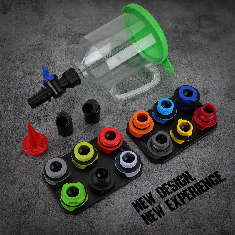 18-Piece Engine Oil Funnel Set with 12 Adapters and Storage Tray