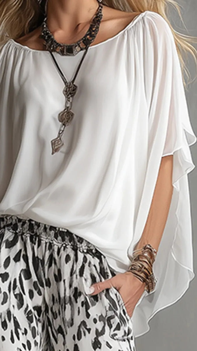 Women’s Fashion Two-Piece Set: White T-Shirt & Leopard Print Chiffon Pants