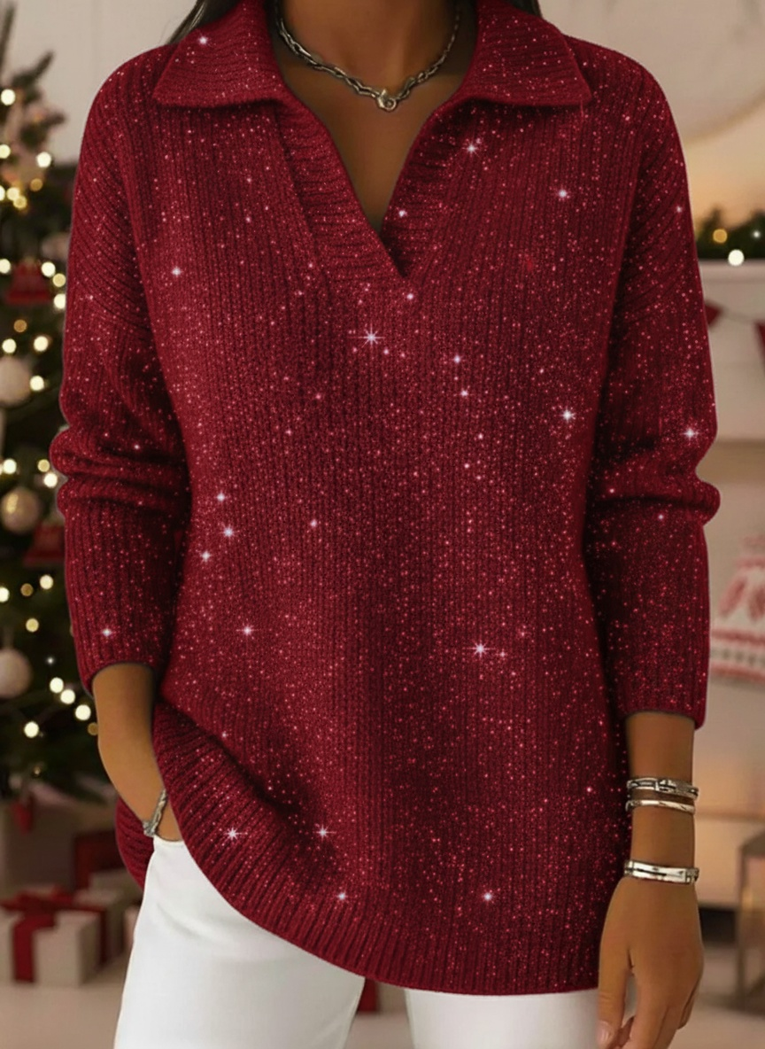 Elegant Polo Collar Shiny Loose Sweater Top | Clearance Sale🔥