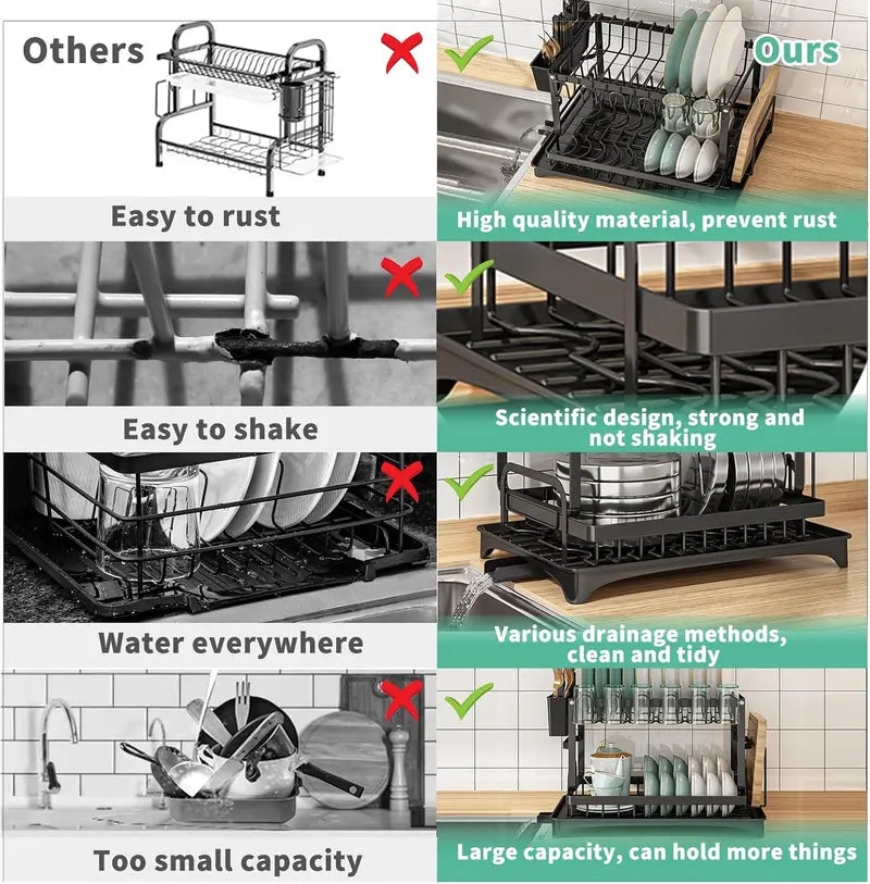 Double-Layer Kitchen Countertop Drain Rack, Metal Material, with Drain Board, Can Hold Tableware, Carbon Steel Material, Kitchen Storage Rack
