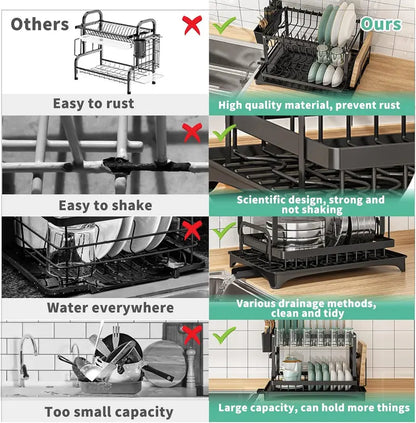 Double-Layer Kitchen Countertop Dish Drying Rack with Drain Board