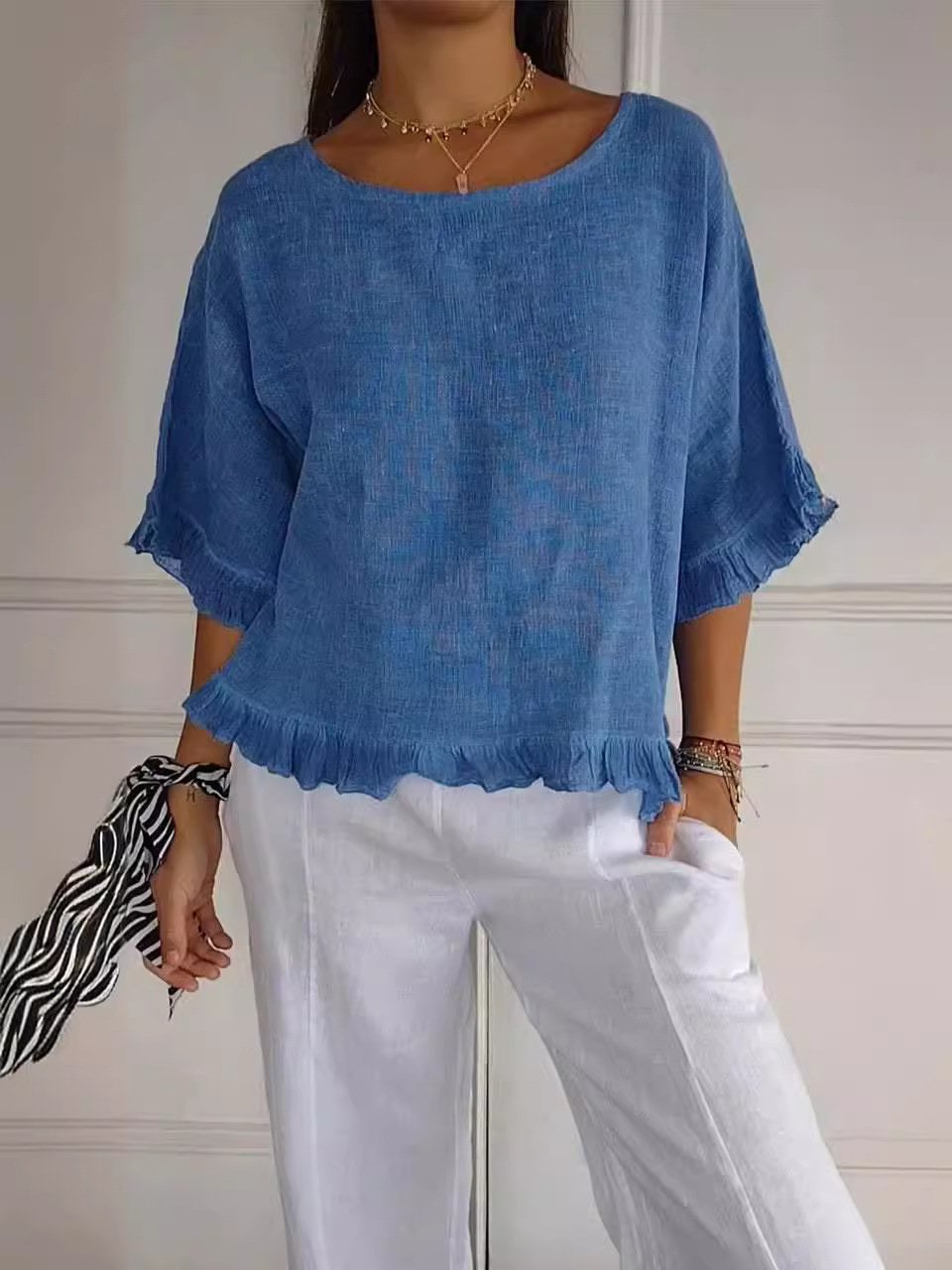 🔥Clearance Sale🔥 Women’s Round Neck Ruffled Cotton And Linen Top