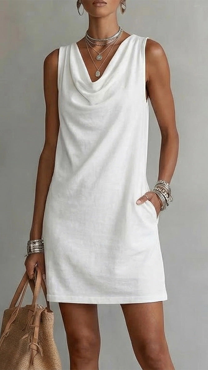 Women’s Sleeveless Cotton Dress with Draped Neckline