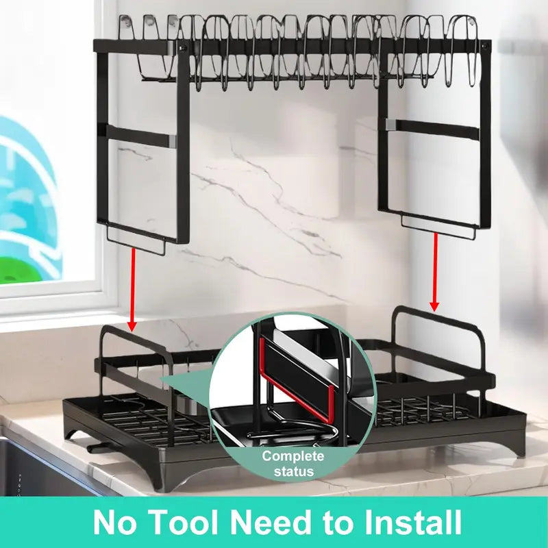 Double-Layer Kitchen Countertop Drain Rack, Metal Material, with Drain Board, Can Hold Tableware, Carbon Steel Material, Kitchen Storage Rack