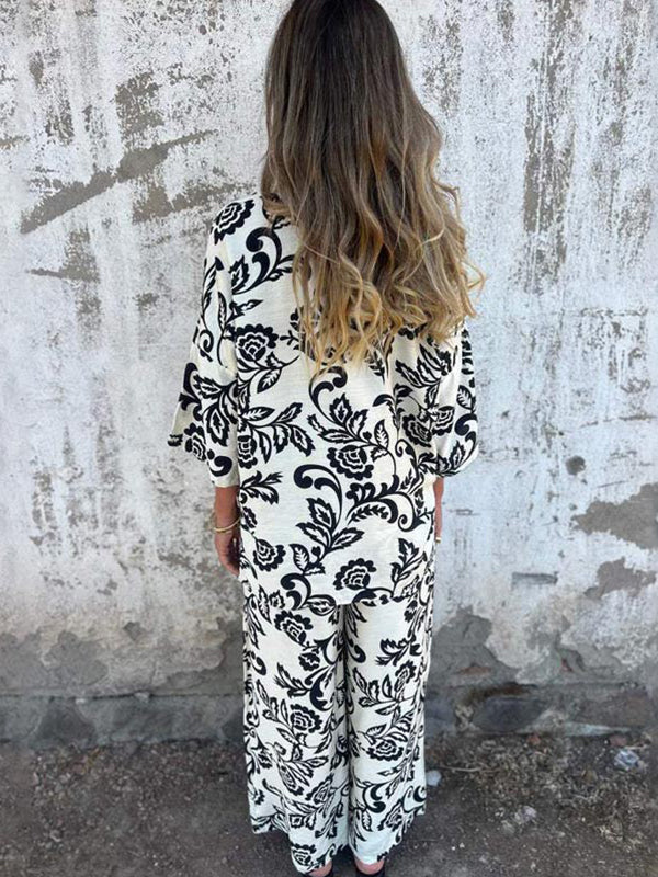 Women’s Fashion Two Piece Printed Lapel Button-Down Shirt and Wide-Leg Pants Set