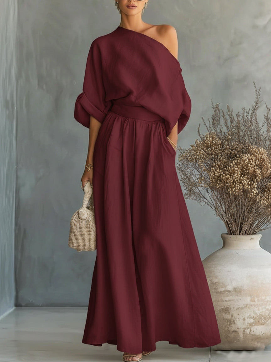 Women’s Elegant Off-Shoulder Shirt and Wide-Leg Pants Two-Piece Set