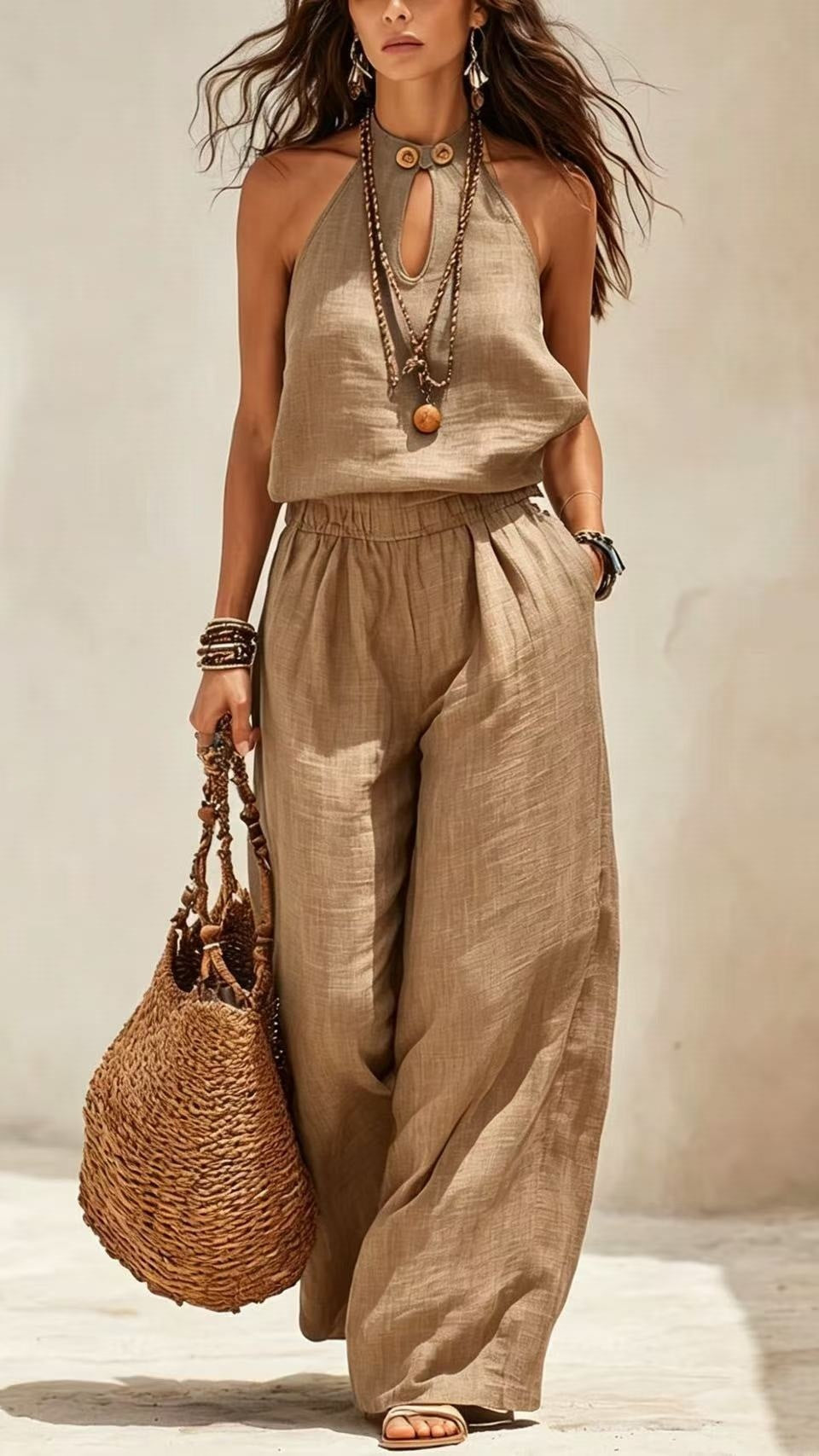 Women’s Stylish Cotton-Linen Sleeveless Halter Jumpsuit