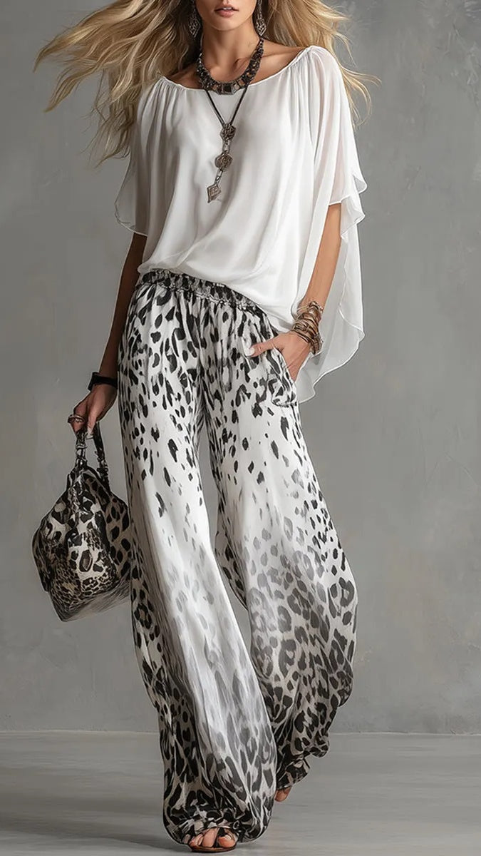 Women’s Fashion Two-Piece Set: White T-Shirt & Leopard Print Chiffon Pants