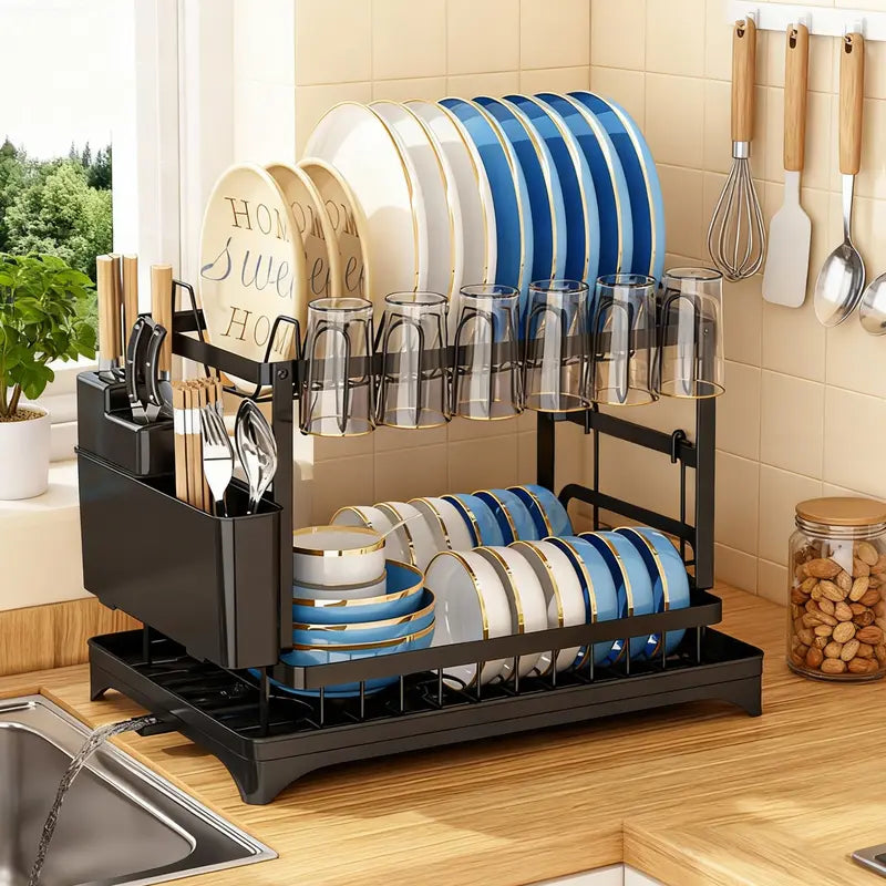 Double-Layer Kitchen Countertop Drain Rack, Metal Material, with Drain Board, Can Hold Tableware, Carbon Steel Material, Kitchen Storage Rack