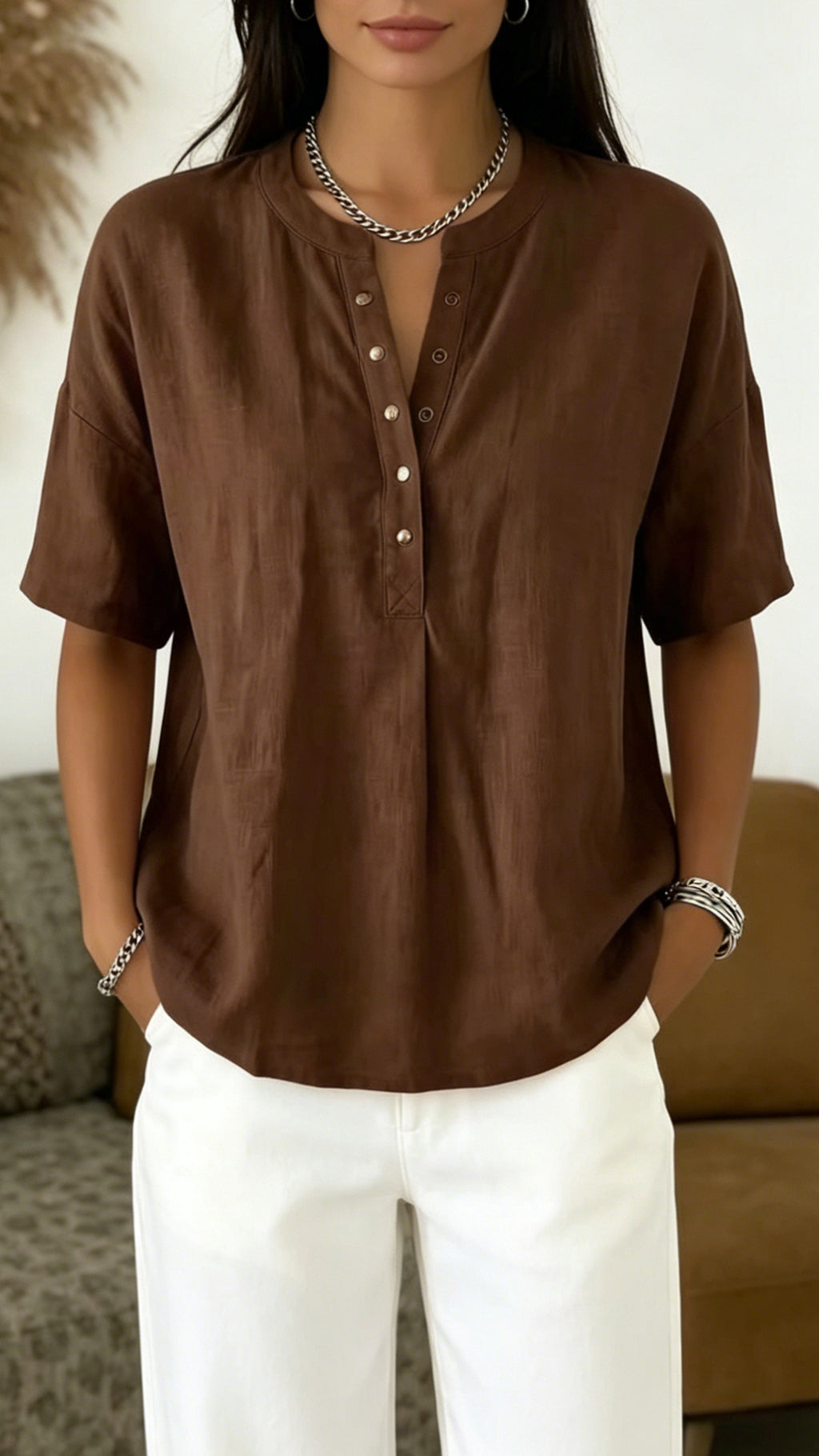 Women’s  Henley Neck Cotton-Blend Short-Sleeve Top