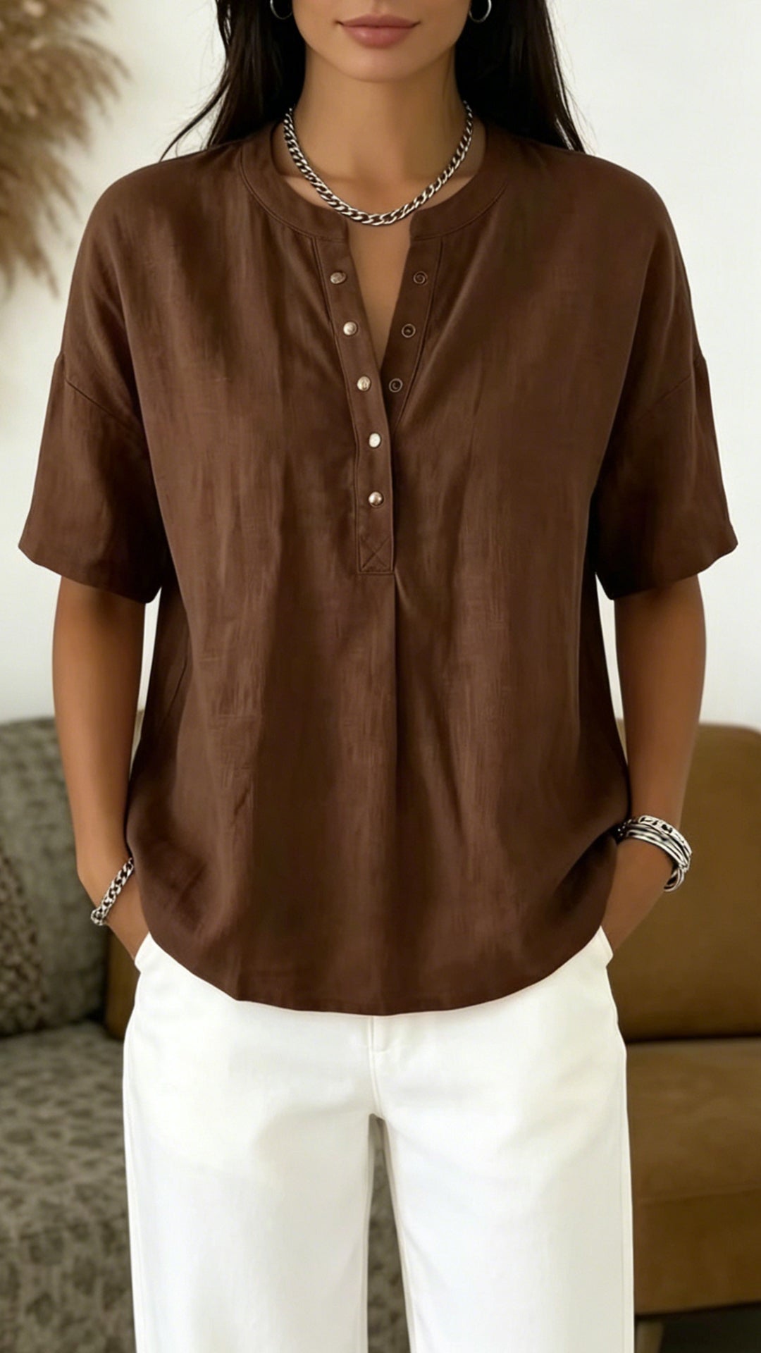 Women’s  Henley Neck Cotton-Blend Short-Sleeve Top