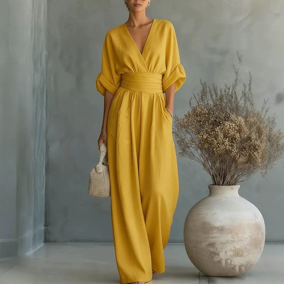 Women’s Solid-Color V-Neck Jumpsuit