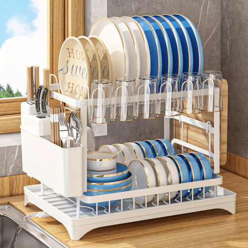 Double-Layer Kitchen Countertop Drain Rack, Metal Material, with Drain Board, Can Hold Tableware, Carbon Steel Material, Kitchen Storage Rack