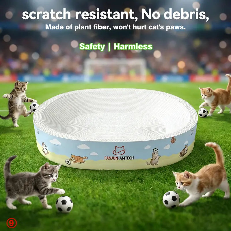 【Summmer Launch】No-shed oval cat scratcher with ample space to play and sleep. Made of premium reinforced, non-slip corrugated cardboard
