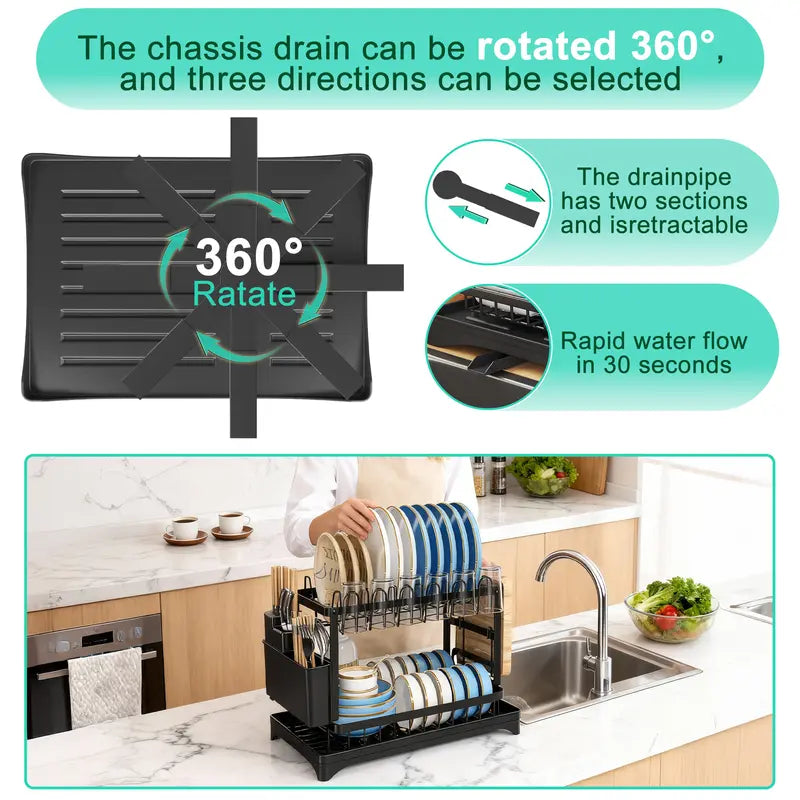 Double-Layer Kitchen Countertop Drain Rack, Metal Material, with Drain Board, Can Hold Tableware, Carbon Steel Material, Kitchen Storage Rack