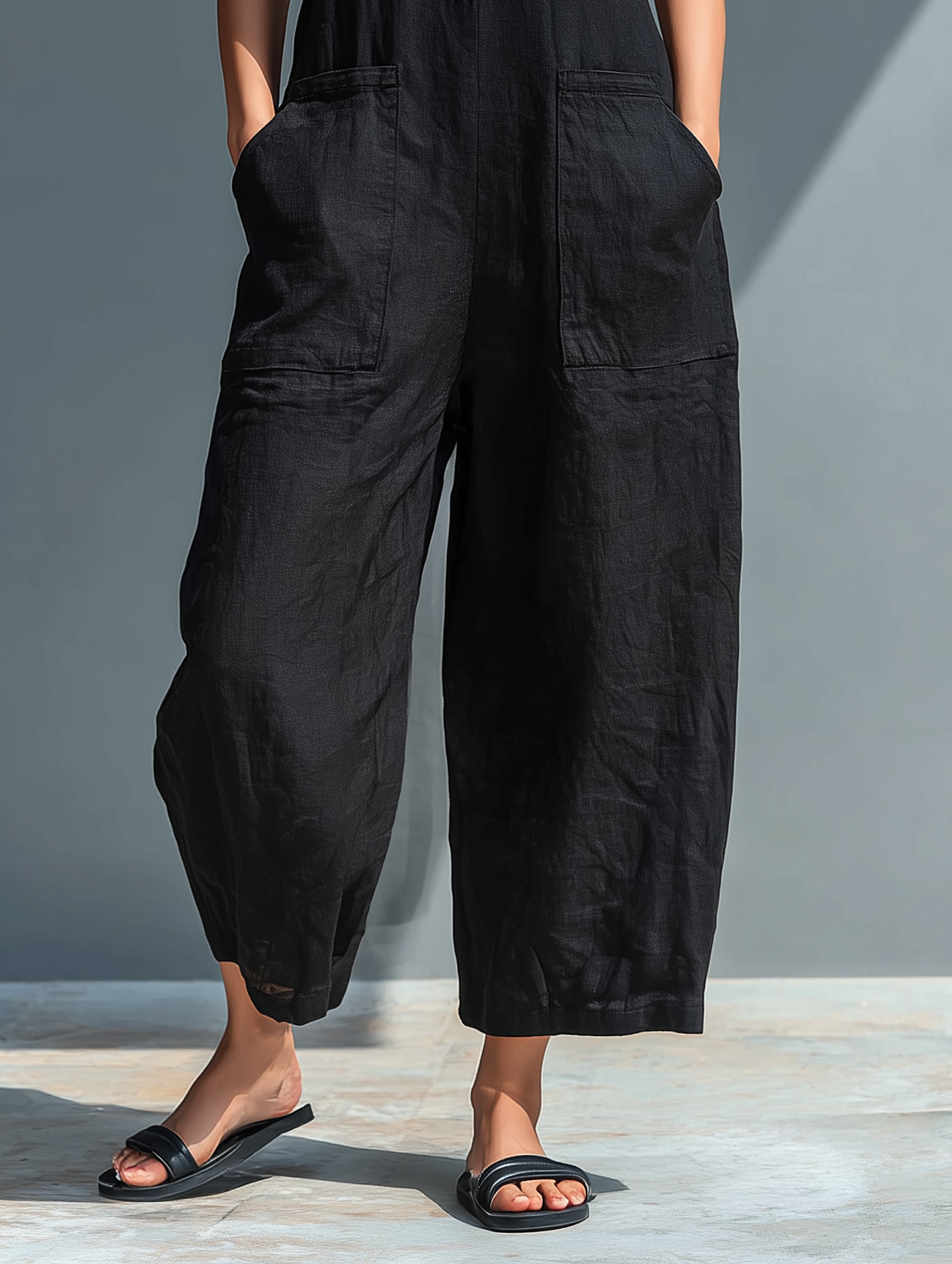 Women’s Minimalist Linen Blend Button-up Stand-collar Sleeveless Loose Jumpsuit