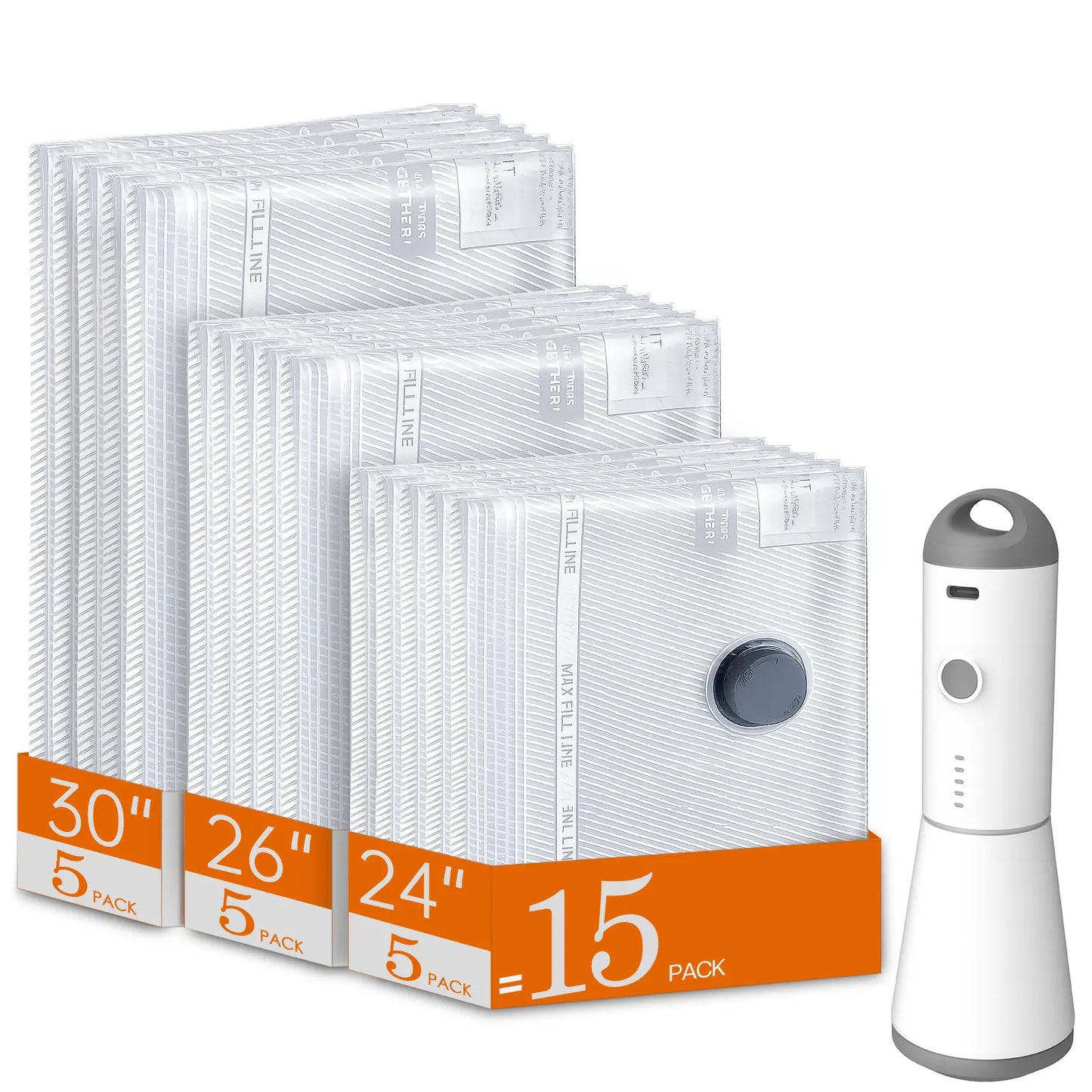 2026 Upgraded Cordless Vacuum Compression Bag Set, 24 Pack 3 Sizes Travel Storage Bags, USB Rechargeable Handheld Pump, Waterproof Reusable Space Saver Zipper Pouches for Luggage Suitcase Clothes Carry-On Packing