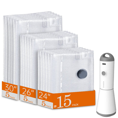 2026 Upgraded Cordless Vacuum Compression Bag Set, 24 Pack 3 Sizes Travel Storage Bags, USB Rechargeable Handheld Pump, Waterproof Reusable Space Saver Zipper Pouches for Luggage Suitcase Clothes Carry-On Packing