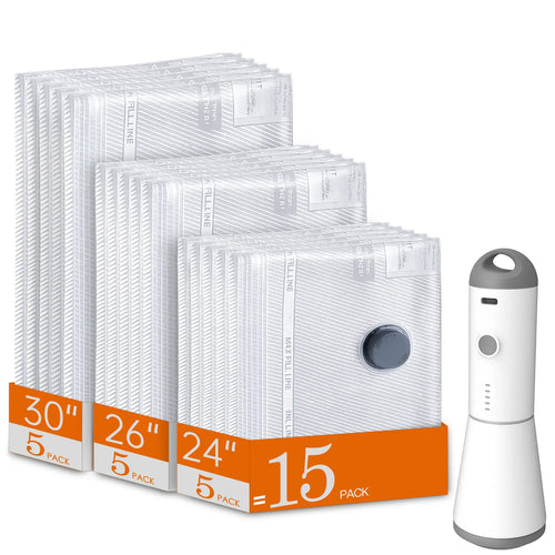 2026 Upgraded Cordless Vacuum Compression Bag Set, 24 Pack 3 Sizes Travel Storage Bags, USB Rechargeable Handheld Pump, Waterproof Reusable Space Saver Zipper Pouches for Luggage Suitcase Clothes Carry-On Packing