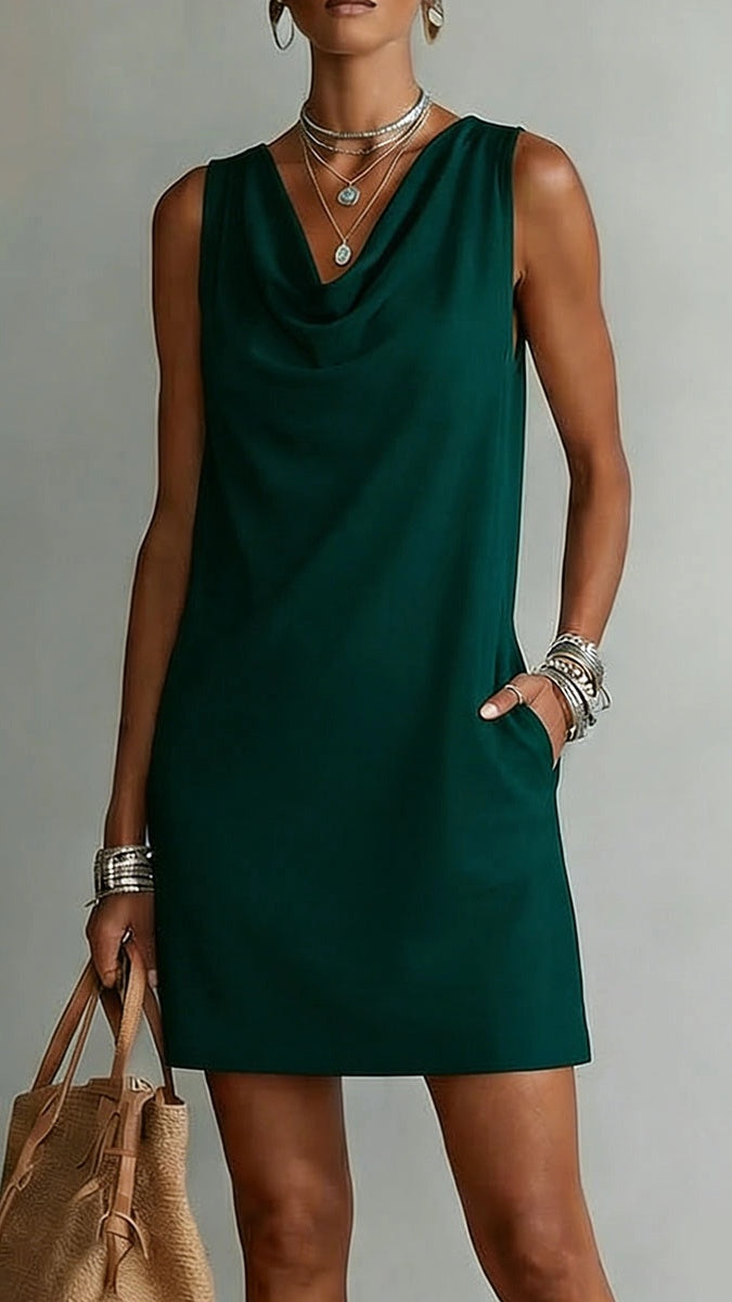Women’s Sleeveless Cotton Dress with Draped Neckline