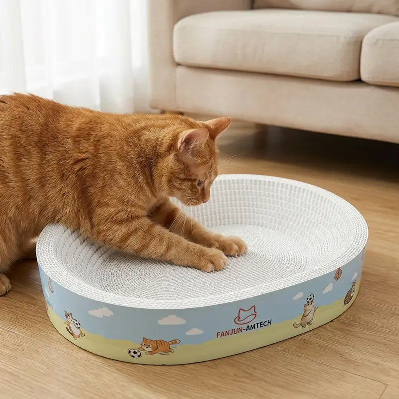 【Summmer Launch】No-shed oval cat scratcher with ample space to play and sleep. Made of premium reinforced, non-slip corrugated cardboard