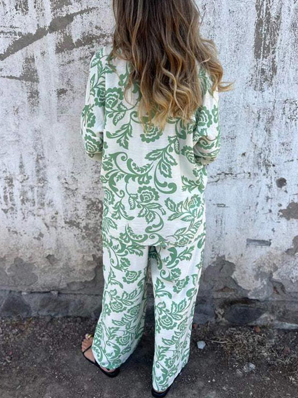 Women’s Fashion Two Piece Printed Lapel Button-Down Shirt and Wide-Leg Pants Set