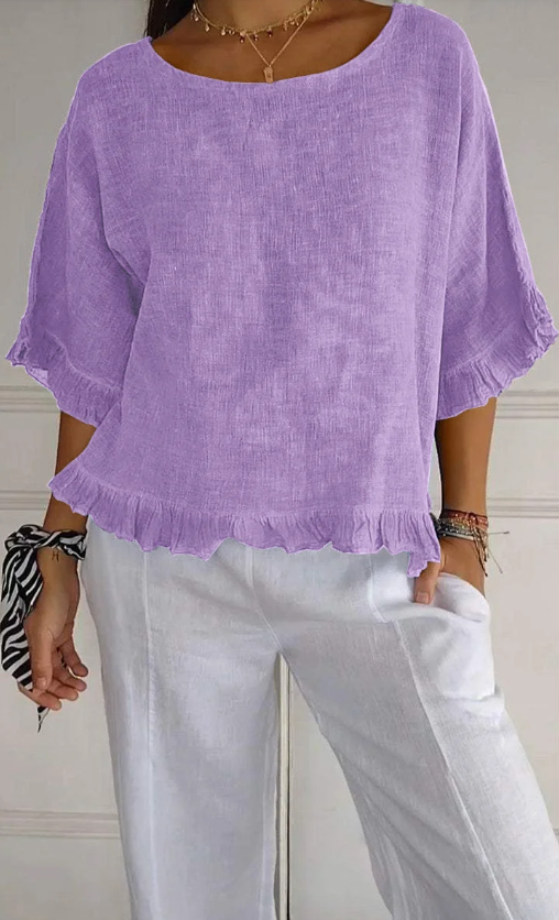 🔥Clearance Sale🔥 Women’s Round Neck Ruffled Cotton And Linen Top
