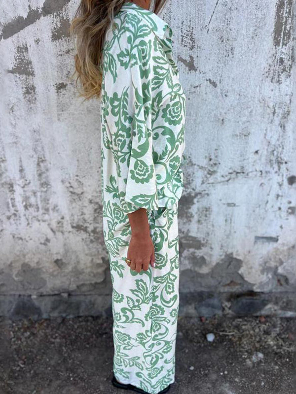 Women’s Fashion Two Piece Printed Lapel Button-Down Shirt and Wide-Leg Pants Set