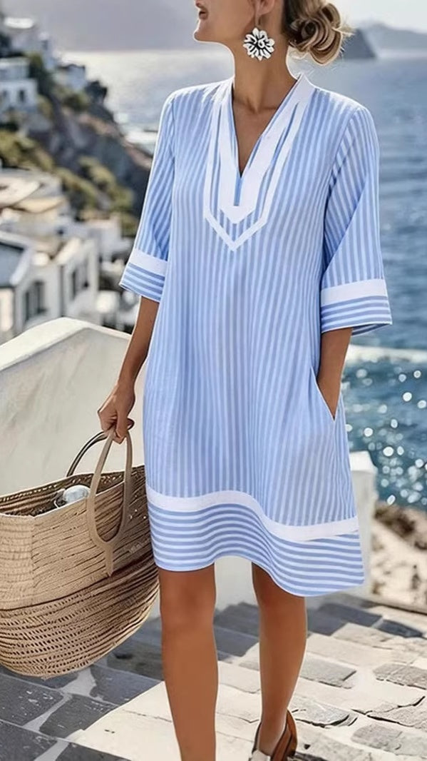Women’s beach vacation style V-neck printed loose beach dress