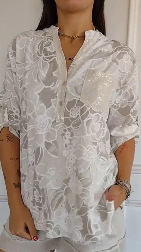Women’s Casual Printed Shirt with Patch Pockets and Sequins