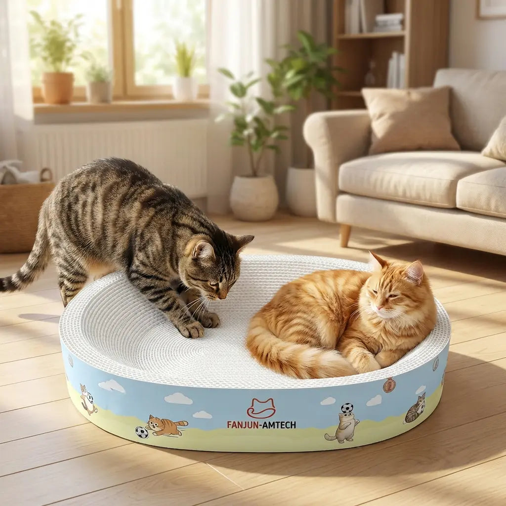 【Summmer Launch】No-shed oval cat scratcher with ample space to play and sleep. Made of premium reinforced, non-slip corrugated cardboard