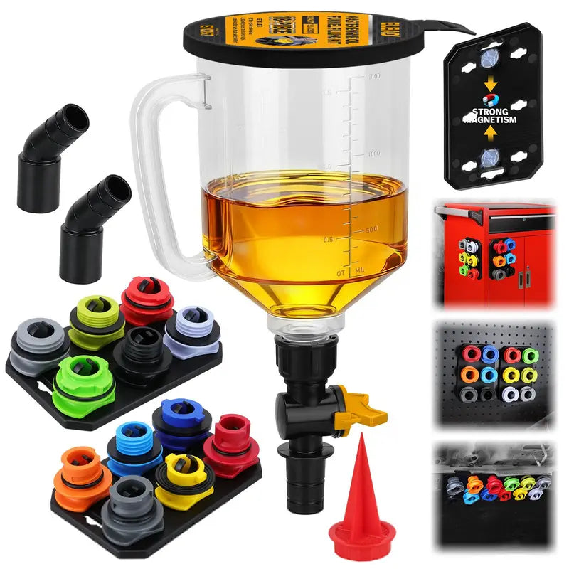 18-Piece Engine Oil Funnel Set with 12 Adapters and Storage Tray