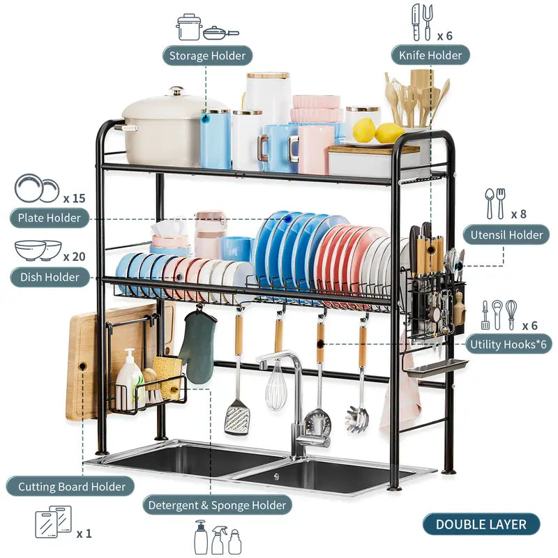 【Holiday Deals】Over Sink Rack Kitchen Over The Sink Dish Drying Rack Organizer Large Space Saving Dish Drainer Countertop Dishes Rack On Counter Caddy Utensil Metal Organizer 1&2 Tiers