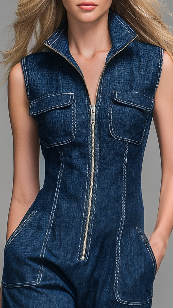Women’s Faux-Denim Retro Stand-Collar Sleeveless Zip-Front Jumpsuit