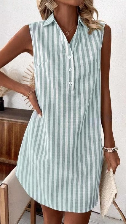 Women’s minimalist sleeveless V-neck button-down striped shirt dress
