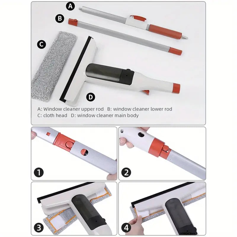3-in-1 Glass Cleaning Kit – Durable Metal Pole, Silicone Scraper & Water Spray Wand, Ergonomic Easy-Grip Handle, 122cm Extendable Pole, Streak-Free Cleaning for High Windows, Shower Doors & Car Windshields