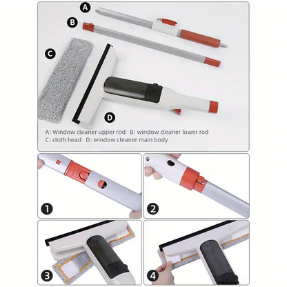 3-in-1 Glass Cleaning Kit – Durable Metal Pole, Silicone Scraper & Water Spray Wand, Ergonomic Easy-Grip Handle, 122cm Extendable Pole, Streak-Free Cleaning for High Windows, Shower Doors & Car Windshields