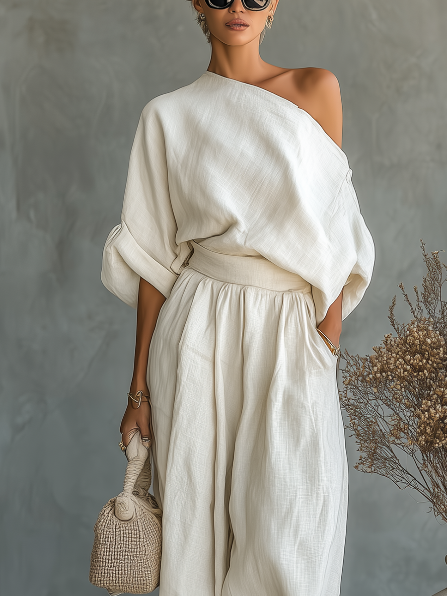 Women’s Off-white Linen Off-shoulder Loose Casual Top And Tapered Pants Set