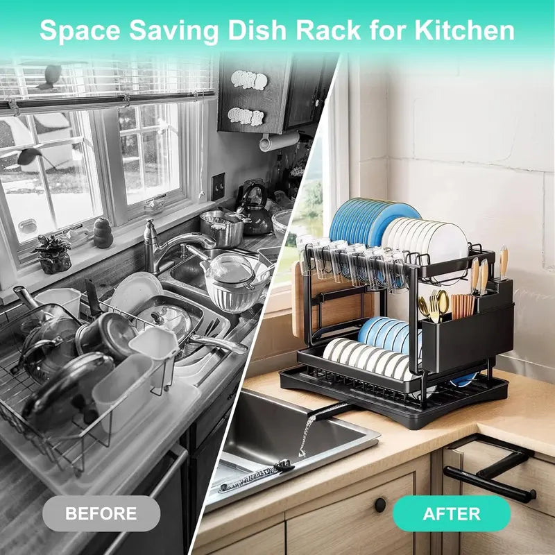 Double-Layer Kitchen Countertop Drain Rack, Metal Material, with Drain Board, Can Hold Tableware, Carbon Steel Material, Kitchen Storage Rack