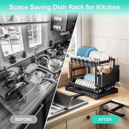 Double-Layer Kitchen Countertop Dish Drying Rack with Drain Board