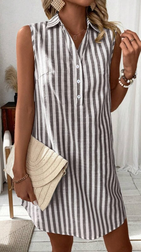 Women’s minimalist sleeveless V-neck button-down striped shirt dress