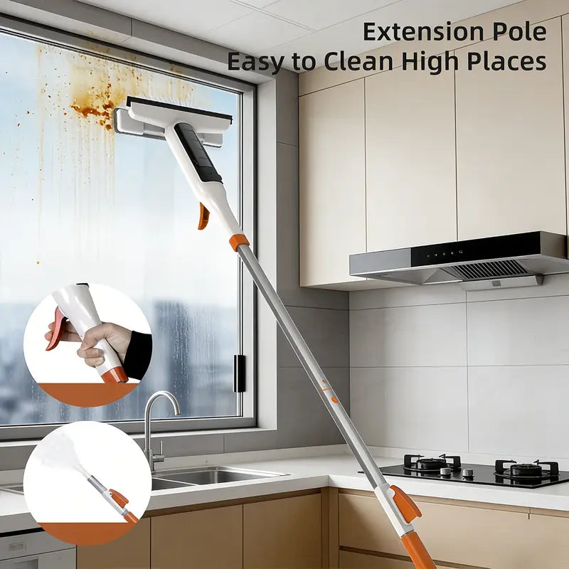 3-in-1 Glass Cleaning Kit – Durable Metal Pole, Silicone Scraper & Water Spray Wand, Ergonomic Easy-Grip Handle, 122cm Extendable Pole, Streak-Free Cleaning for High Windows, Shower Doors & Car Windshields